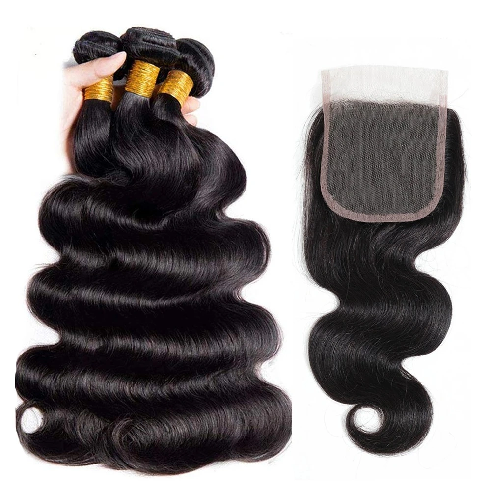 Body Wave Human Hair Bundles with Closure Remy Brazilian Peruvian Indian Hair 4X4 Closure Long Body Wave Bundles Hair Weaving Hair Extension Hair Bundles